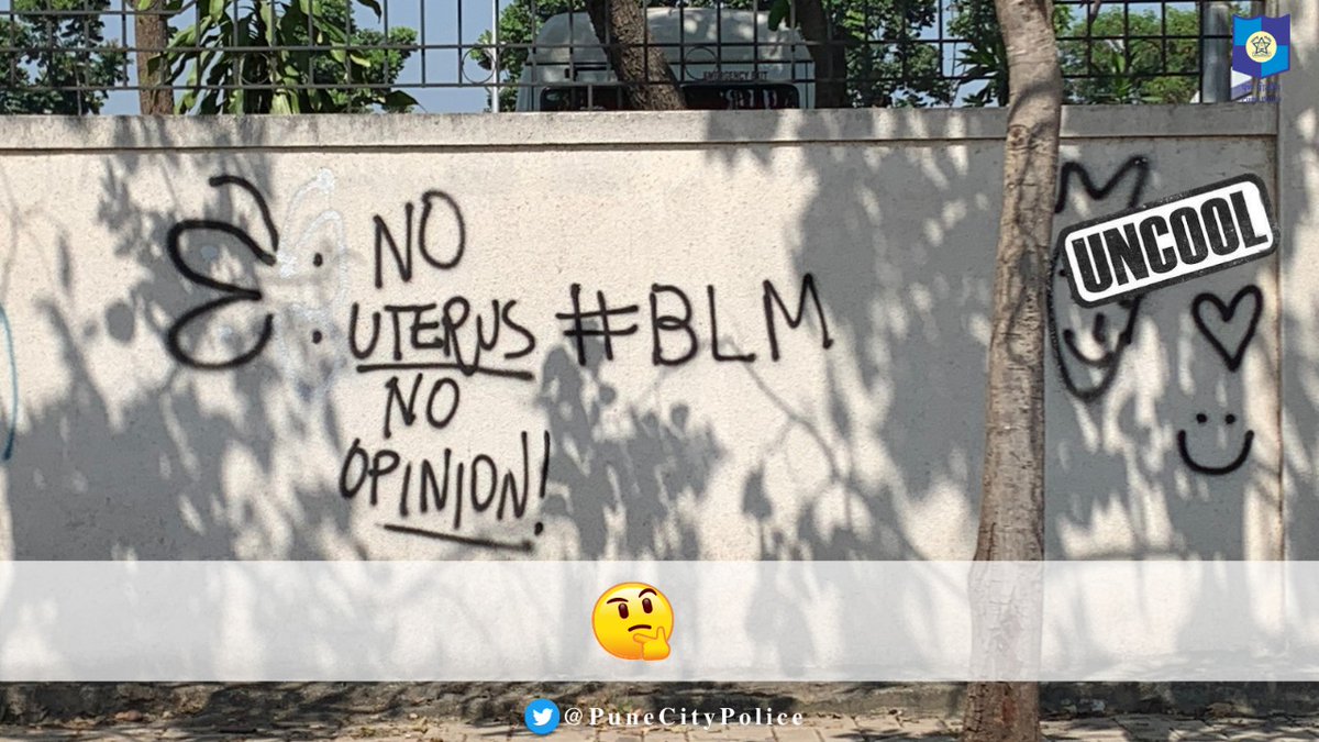 PuneCityPolice's tweet photo. Pune, we know you are 'cool', but defacing public property with unauthorised graffiti is pretty 'uncool'. 

बेकायदेशीर कलेने सार्वजनिक मालमत्ता खराब करू नका. हे तुम्हाला अडचणीत आणू शकते. आपले विचार व्यक्त करण्याचे आणखी चांगले मार्ग आहेत.

#IllegalGraffiti #Pune #VimanNagar https://t.co/yQoxPBUuR7