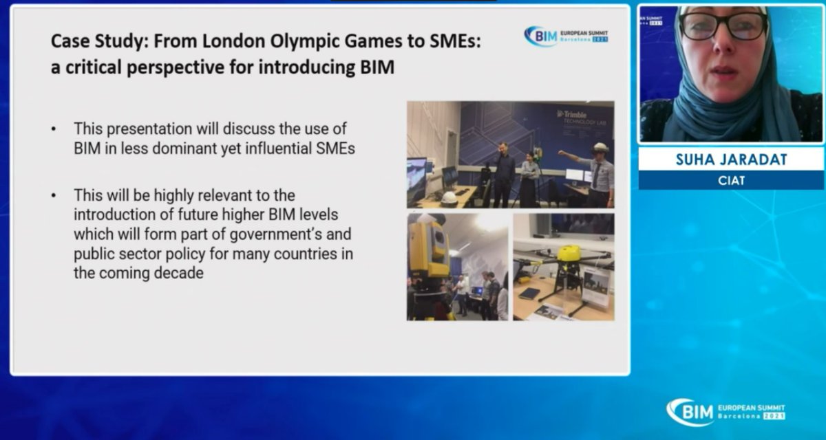 Last case study in the #EuropeanBIMSummit21 before the break for lunch: 'From London Olympic Games to SMEs: a critical perspective for introducing #BIM', by Suha Jaradat, from @CIATechnologist in the UK.