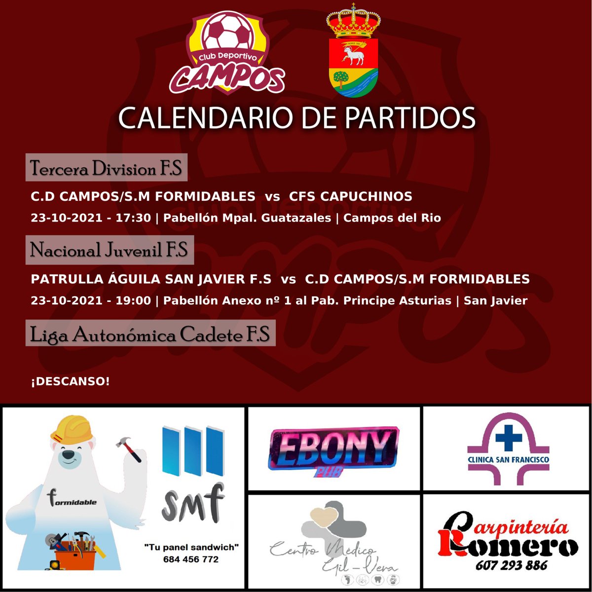Cdcampos2's tweet photo. Mañana sábado os esperamos en nuestro pabellón para animar a los nuestros.Vamos CAMPEROS.💪💪 @muleo1 @IvnPrezCalixto1 @Ayto_Campos @MPerezceron @Claudiki14 @Javi_Garcia59 @JuanjoMunuera @jordan_333 @josebae47170450 https://t.co/DZvcUxrotb