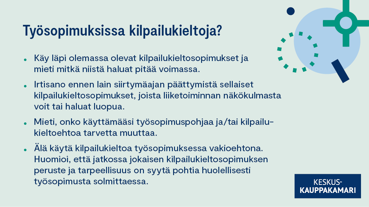 Työsopimuslakia muutetaan kilpailukieltosopimuksia koskien ensi vuoden alussa. Eduskunnasta on tulossa muutos, jonka mukaan työsuhteen jälkeiseen aikaan ulottuviin kilpailukieltosopimuksiin liittyy jatkossa työnantajalle aina maksuvelvollisuus. Huomioi oheinen muistilista: