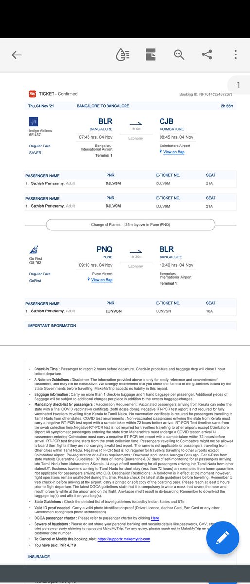 psatzs's tweet photo. @IndiGo6E @makemytrip  made my diwali plan collapse @GoFirstairways  i had booked flight from pune to coimbatore but both the flight timing changed in reverse how can i reach first banglore https://t.co/05zAHppQXg