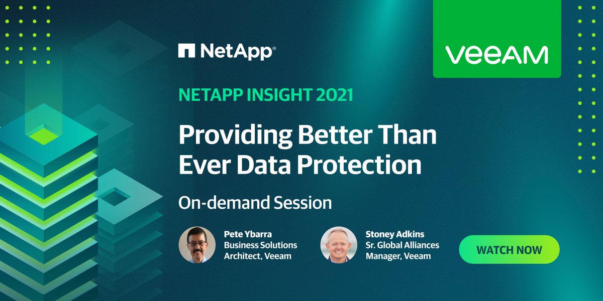 Veeam's tweet image. It’s the last day of #NetAppINSIGHT! 🙌 If you haven’t already, make sure you watch our on-demand session, “NetApp and #Veeam: Providing better than ever #dataprotection,” featuring @stoneyadkins @CertiPete &amp;amp; @thebackupninja. bddy.me/3jttFRE