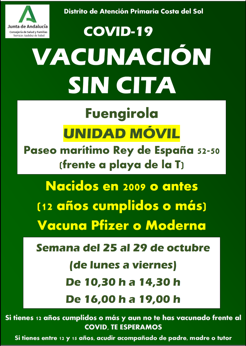La unidad móvil de vacunación #COVID sigue en la Costa del Sol: la próxima semana estará en el paseo marítimo de #Fuengirola Si aun no te has vacunado, esta es tu oportunidad: sin cita y en horario de mañana y tarde. Te esperamos.