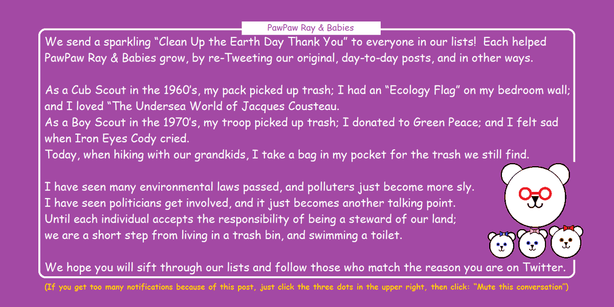 pawpaw_ray's tweet photo. Last Week's Heavenly Eleven-ly
@JANETBPEARSON
@MQUIGLEY1963
@AUTUMNS_MUMMY
@101FIX
@PEYTONAWESOMISM
@THESMILELINES
@JCBSHEALTH
@RAKESHSINGHAL16
@CRANKYMOMOF6
@SNOOPYKRISS
@MYCOPARENTER
#ThankYou #Gratitude #FollowFriday #FF #CleanUpTheEarth https://t.co/YFPZktZoke