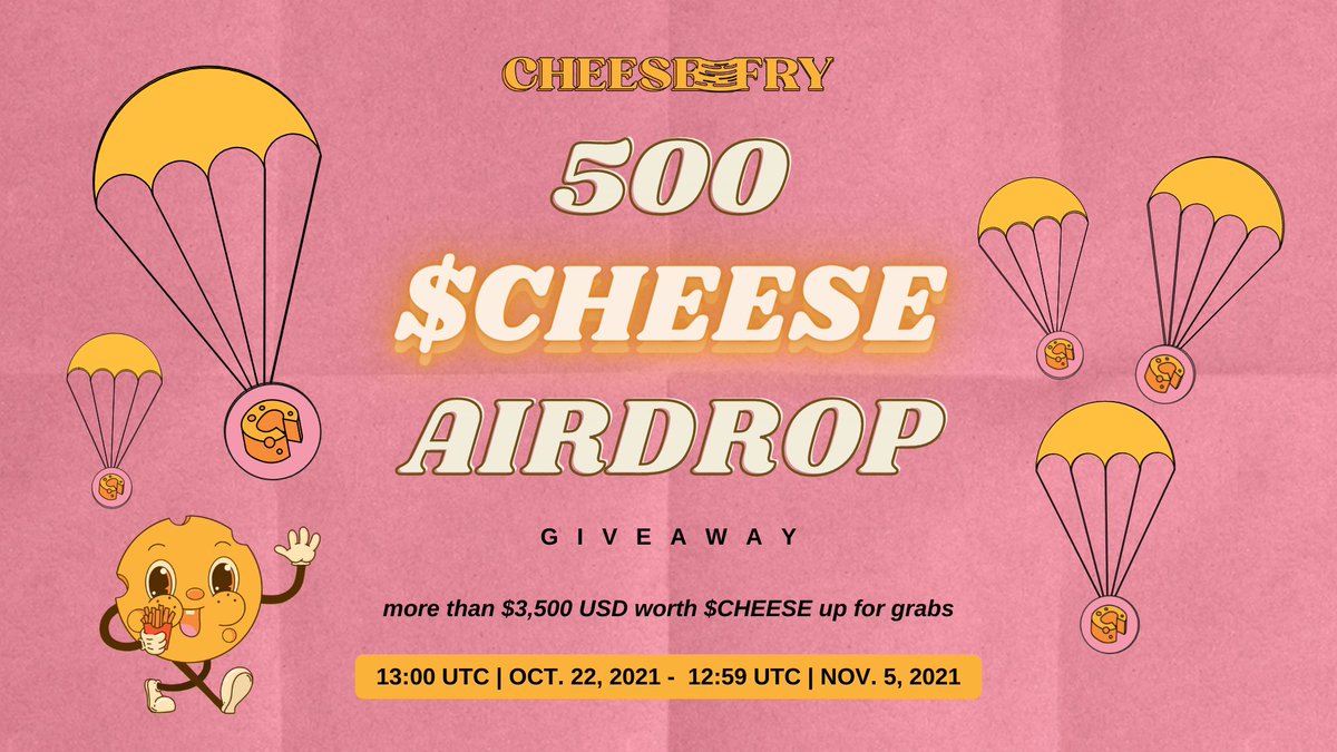 ChfryFinance's tweet photo. 📢 We are happy to announce that #CHFRY is dropping the $CHEESE-y #Airdrop #Giveaway from Oct. 22nd till Nov. 5th, 1PM UTC🗓️

More than $3,500 USD in CHEESE up for grabs for 250 Winners🏆 

Don’t miss the chance to earn (CH)FRee rewards💰

⤵️ Join NOW: 
https://t.co/1qcLSga8Y8 https://t.co/sKYVdMxM4u
