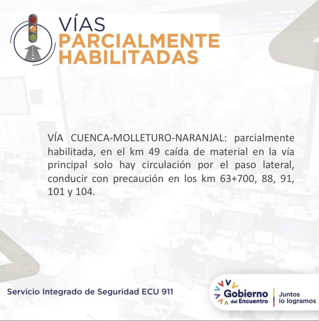 ECU911Austro's tweet photo. #VíasECU911 | Comience la jornada conociendo el reporte actualizado de las vías en #Azuay y #Cañar. 

Respete las señales de tránsito y límites de velocidad en todo momento. https://t.co/ylbgsFVWwm