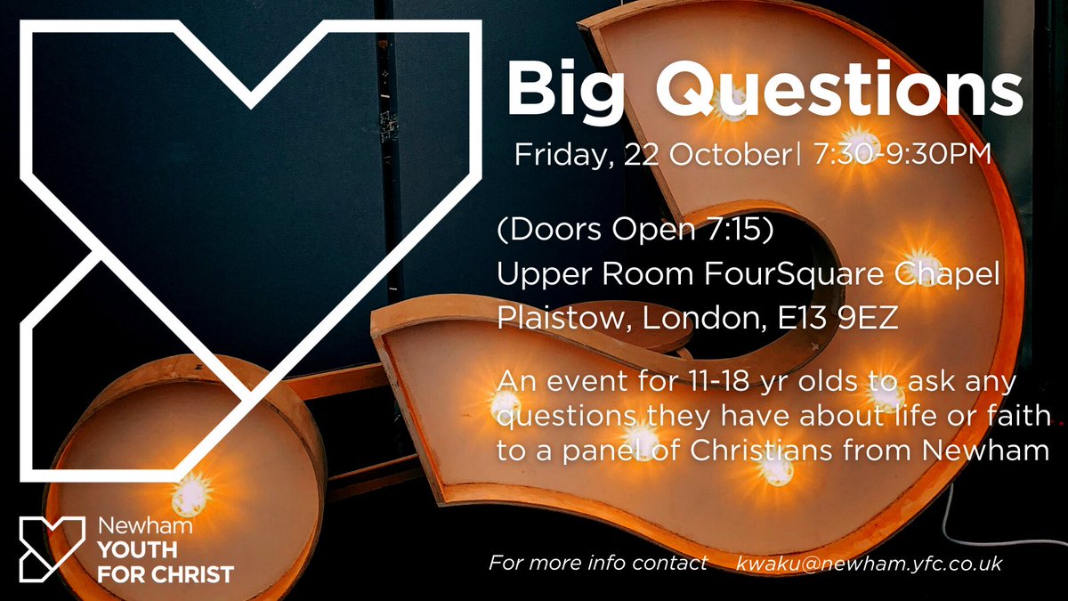 Big Questions is happening next week!! We are so excited to host this event where young people can ask any questions they have about life or faith to our great panelist’s. Bring a friend, you don’t want to miss out. DM us for more info