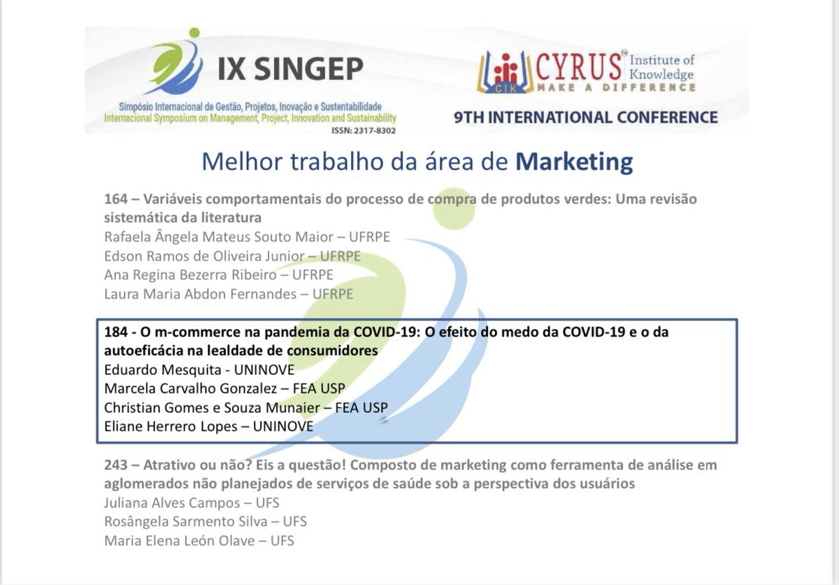 DrMunaier's tweet photo. Saldo super positivo do #Singep (@uninoveoficial). Validando para o português uma escala pra o m-commerce, nosso artigo foi eleito o melhor da divisão de marketing e escolhido para fast-track. Analisamos o medo da covid e satisfação, também. E muito feliz com a menção honrosa https://t.co/kek96cB7sD