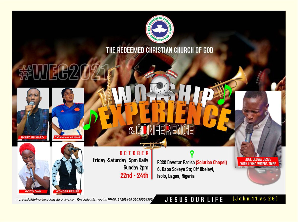 RccgdaystarI's tweet photo. I will Praise you 🎸🎺🎷🪘🎤🥁🎹
Where are you?
4Hours to go 🚶‍♂️🏃🏼‍♂️
#WEC2021 
RCCG DAYSTAR Parish 
God bless you https://t.co/540o0ehQRJ