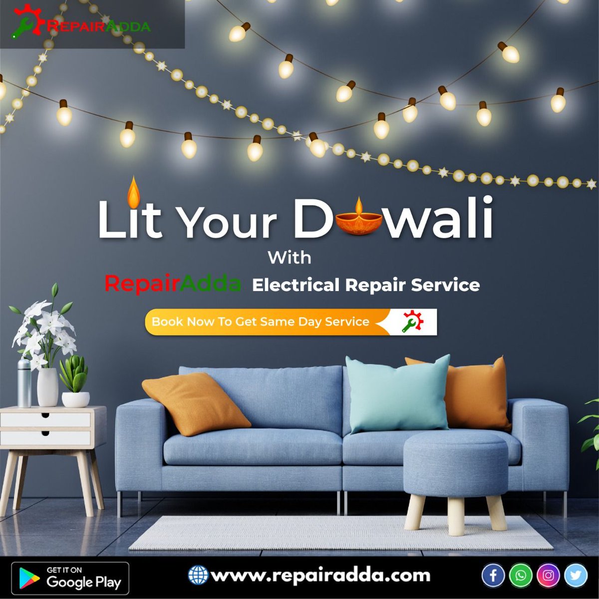 RepairAdda's tweet photo. This Diwali, bring the shine to your home with RepairAdda electrical repair service. 😍
Let your home appliance feel the freshness again. Contact our expert for all electrical-related issues. Check out https://t.co/RnnWwXofsU
.
#electricalrepairs #RepairAdda #Fridayvibes #Diwali https://t.co/AU2yJDp86M