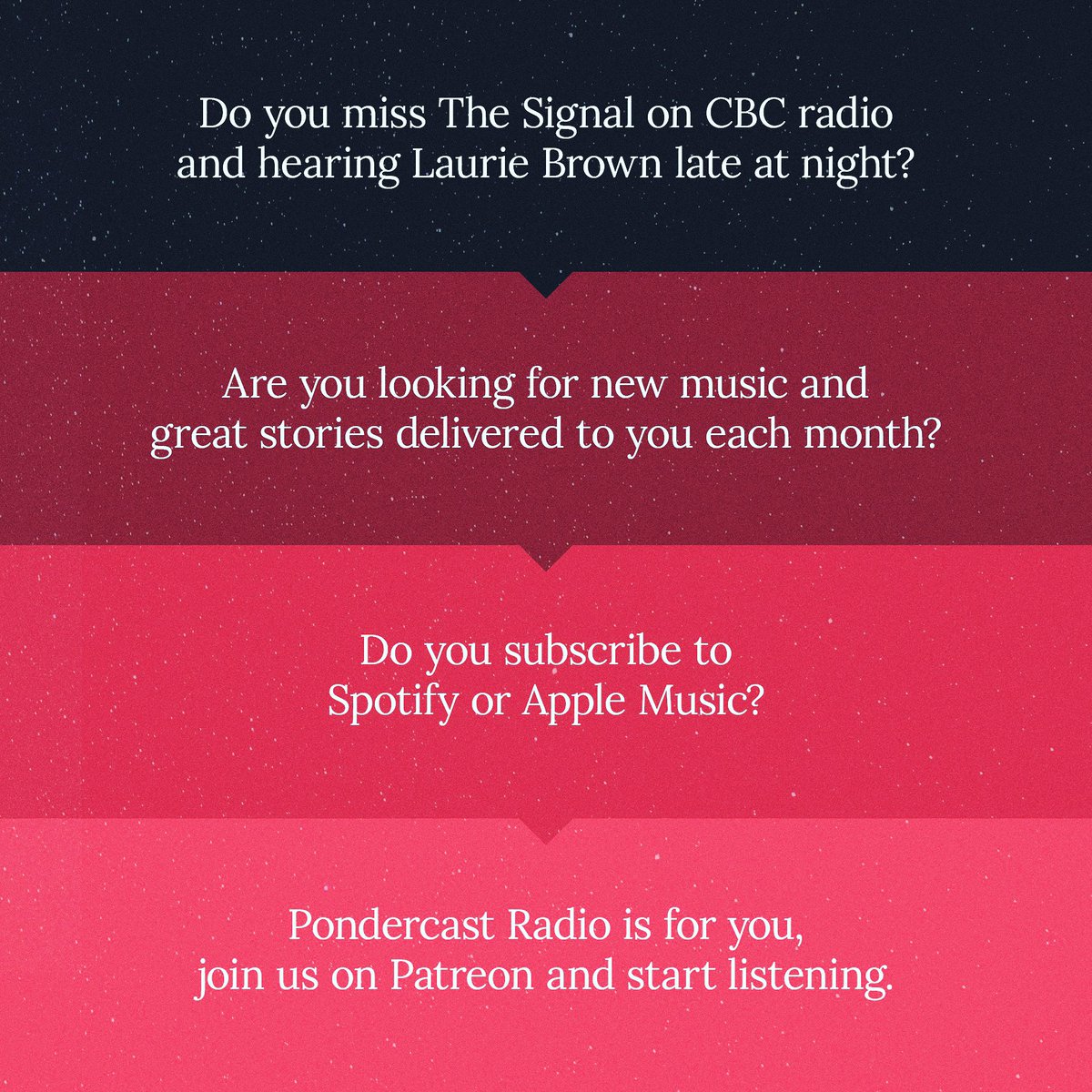Pondercast_'s tweet photo. Do you miss The Signal on CBC radio with @lauriebrown?

We think Pondercast Radio is for you.  

Head to to https://t.co/XGAYVShfzW to learn more and start listening today. https://t.co/tTHUvcZm1X