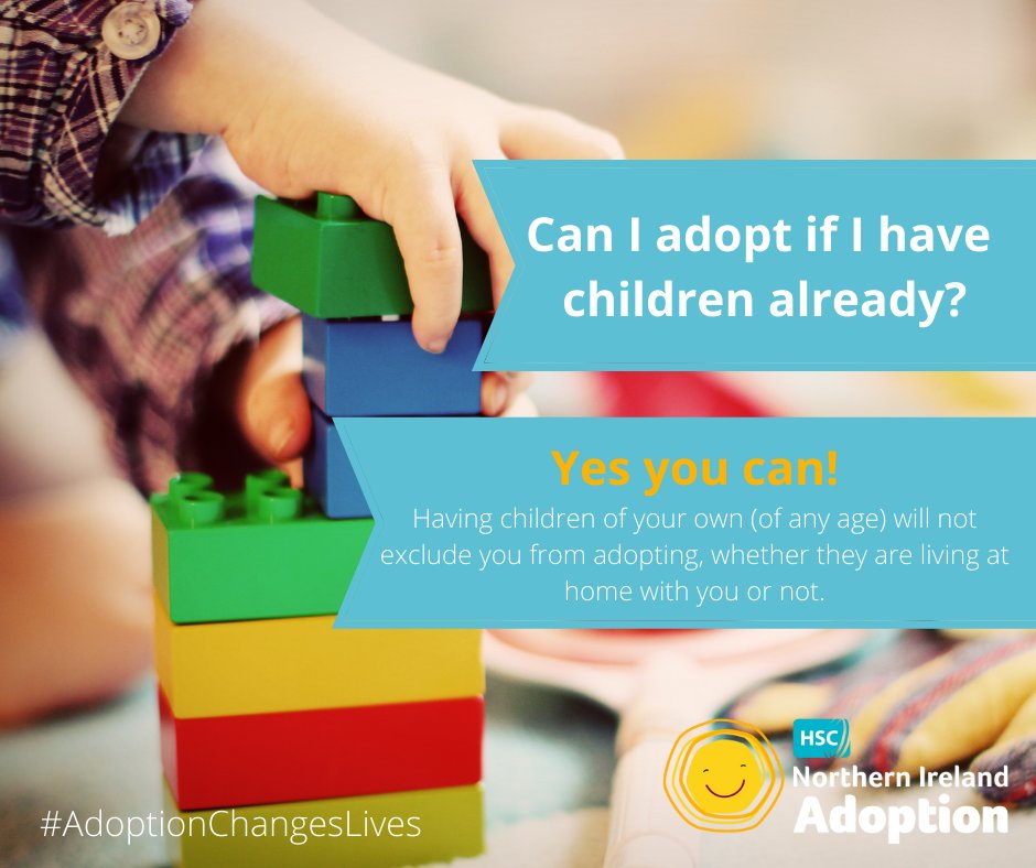 Having children of your own (of any age) will not exclude you from adopting, whether they are living at home with you or not. Any previous experience of parenting, or caring regularly for children can be very beneficial.
#HSCNIAdoption #AdoptionChangesLives #NIAdoptionWeek21