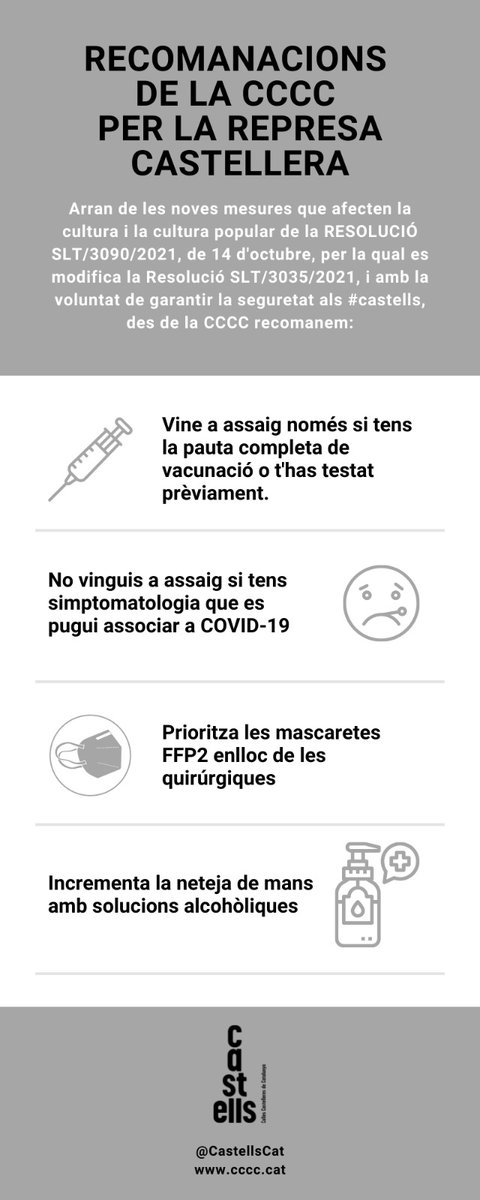 ‼️ CASTELLS A LA REPRESA.
Aquestes són les recomanacions de la #CCCC per garantir la seguretat.

#castells #ganesdecastells