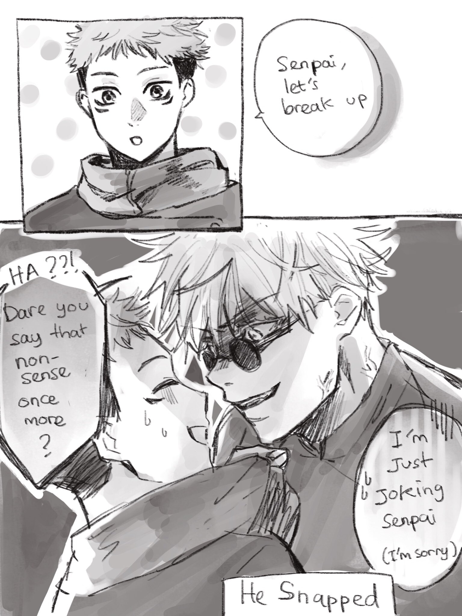 🐨 on X: RT @anajo_jjk: Yuuji tries to break up with gojo ( a prank ) [a  case of gojo senpai and gojo sensei] t.cor81MDSEttw  X