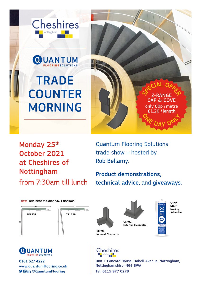 QuantumFlooring's tweet photo. Join Rob from Quantum at Cheshires of Nottingham on Monday for a special one day offer

Only 60p p/metre on Cap &amp; Cove orders while stocks last!

Don't miss this fantastic deal, along with Quantum giveaways + product info

#flooringcontractor #flooringfitter #capandcove #flooring https://t.co/Mp64pynnVm