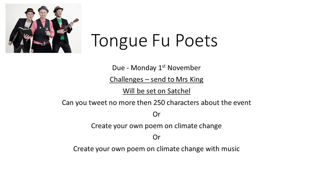 asachelt's tweet photo. This time last week our Year 9 students were at @CheltLitFest watching the inspiring Tongue Fu: Hot Poets Show.
Mrs King is challenging our students to take inspiration and use their English skills to think about Climate Change.
#ASAChelt #CheltLitFest #ClimateChange #Cop26 https://t.co/pQ0Sicf9QW