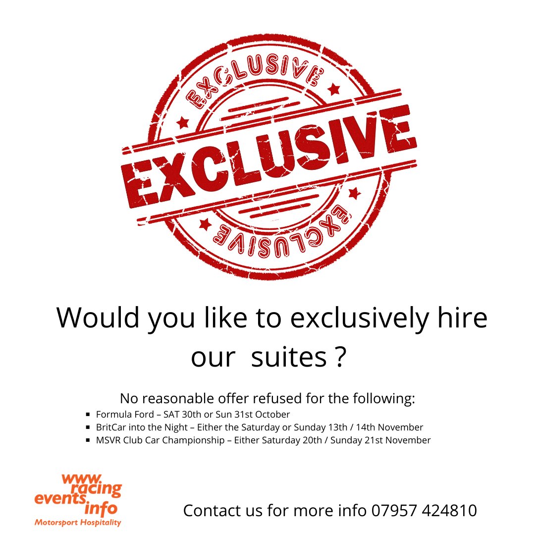 RacingEvents's tweet image. No reasonable offer refused!
EXCLUSIVELY hire our suite (set dates below) &amp;amp; get all 35 Circuit &amp;amp; Suite Entry Tickets Food/Tea &amp;amp; Coffee / Bar
Formula Ford 30 or 31 Oct 
BritCar into the Night – 13 or 14 Nov 
MSVR Club Car Championship – 20 or 21 Nov 
contact gary@racingevents.info