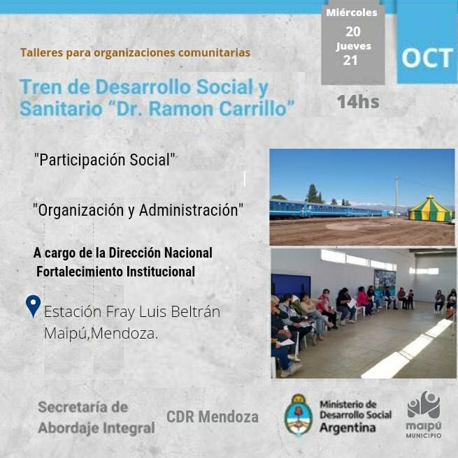 vikcolombo's tweet photo. Seguimos recorriendo #Argentina junto al tren sanitario de desarrollo social. En Maipu #Mendoza realizamos talleres, brindamos asesoramiento técnico y promovimos la inscripción al #Cenoc de las organizaciones comunitarias locales. https://t.co/CUySakU2zj