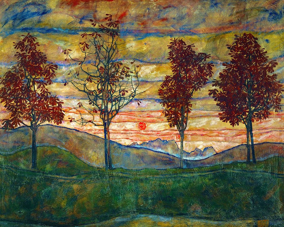 pohoartist's tweet photo. Art Inspiration For Today: Four Trees by Egon Schiele (Austrian), oil on canvas, genre: Vienna Secession, Symbolism, 1917 #ArtInspirationForToday #FourTrees #EgonSchiele https://t.co/sRxGxrRGE9