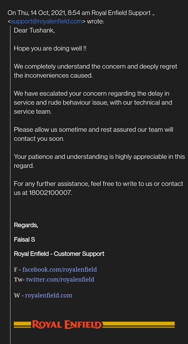 TushankSolanki's tweet photo. Pathetic & highly unprofessional service by @royalenfield 4+emails & 15 calls yet nobody given satisfied answer !!! Under warranty vehicle since last 20 days standing over service center to get issue resolved but so far it couldn't!!
@sidlal This message bring your attention!!!! https://t.co/tCR5AcSkVS