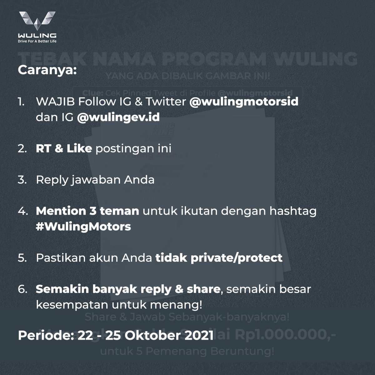 WulingMotorsID's tweet photo. #WulingQuizTime!
Ada yang langsung bisa tebak gak ya, program Wuling yang ada di balik gambar ini?
Buat yang bener jawabannya, ada Saldo OVO Total Senilai Rp1juta untuk 5 pemenang beruntung!
WAJIB Follow, RT, Like & Reply sebanyak-banyaknya ya!
#WulingMotors https://t.co/snItJh1bur
