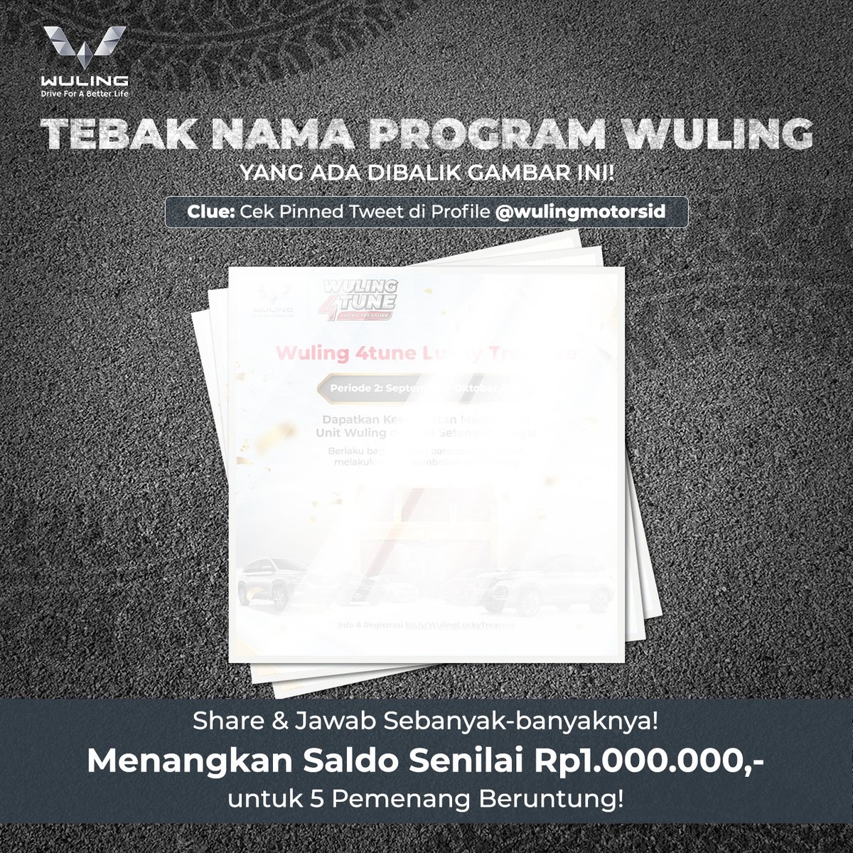 WulingMotorsID's tweet photo. #WulingQuizTime!
Ada yang langsung bisa tebak gak ya, program Wuling yang ada di balik gambar ini?
Buat yang bener jawabannya, ada Saldo OVO Total Senilai Rp1juta untuk 5 pemenang beruntung!
WAJIB Follow, RT, Like & Reply sebanyak-banyaknya ya!
#WulingMotors https://t.co/snItJh1bur