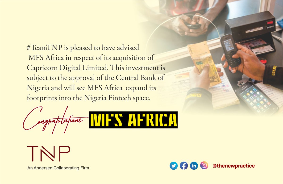 TheNewPractice's tweet photo. It’s another landmark deal for us @ #TeamTNP. We are very pleased to have advised Africa's largest fintech interoperability hub, @MFS_Africa on its proposed acquisition of Capricorn Digital Limited. Our team was led by @BMBankole, with support from @samintinc and @Yegayoo https://t.co/6cwzFc6eJE