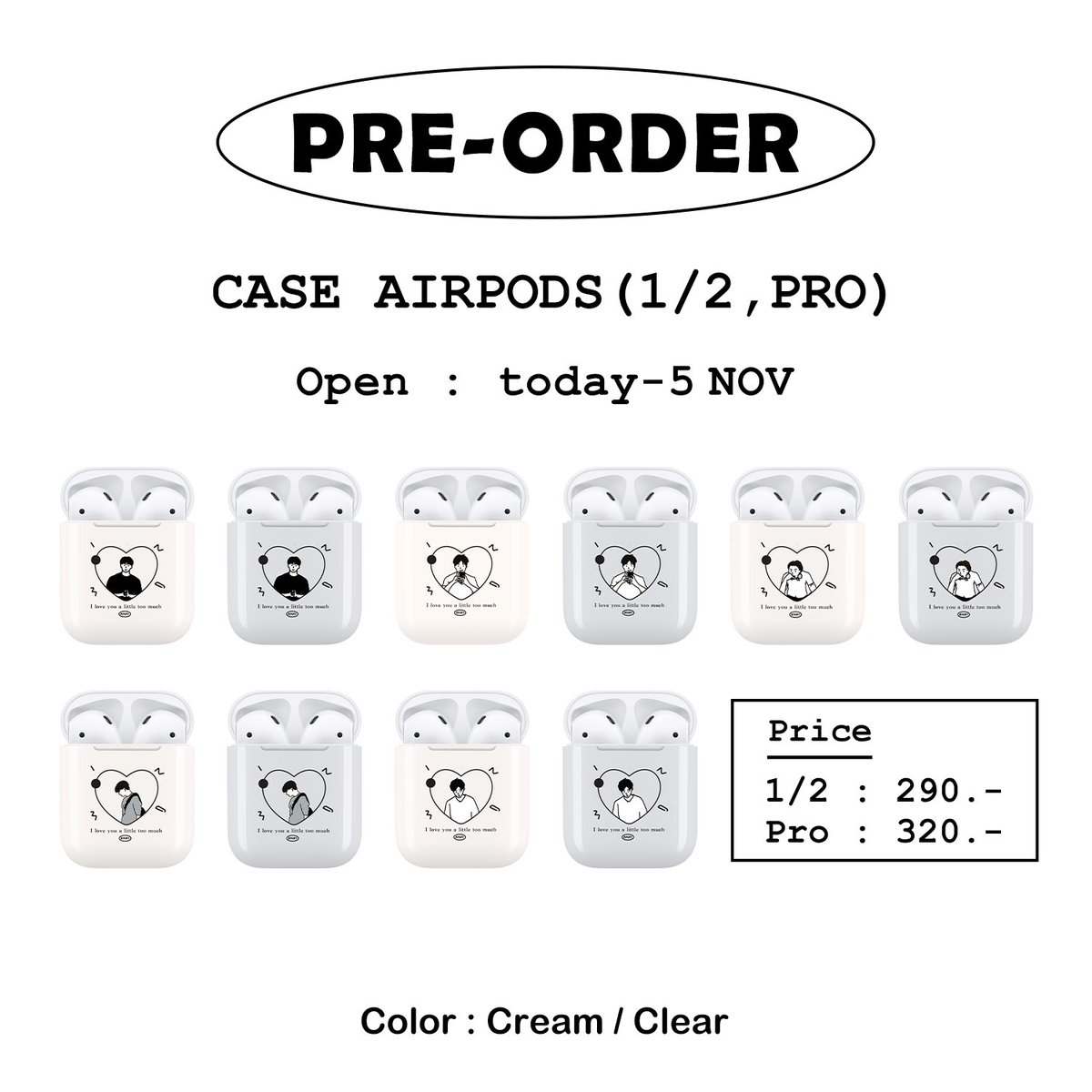 rinryyyy_'s tweet photo. ˗ˏˋ Plz RT ´ˎ˗  Pre-Order : Airpods case ⤾

มี 2 สี แบบครีม และ แบบใส
1/2 ชิ้นละ 290 บาท Pro ชิ้นละ 320 บาท

Open : today - 5 nov
 ·͜·♡ More info. : https://t.co/86zkdRtVMS https://t.co/ei88eDWsRA