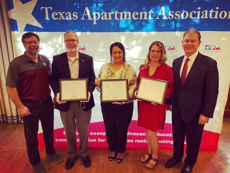 BCSAA's tweet photo. Our Members representing YOU at the Texas Apartment Association this week in Houston! Accepting three Community Star Awards! Whoop!!! #bcsaa #taa https://t.co/TWwN2e1bJZ