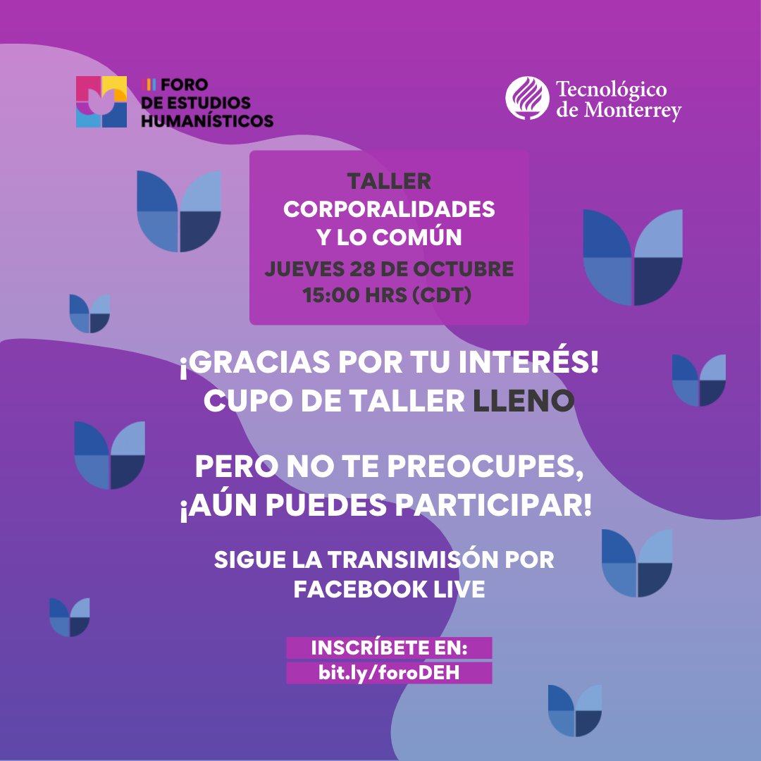 foro_deh's tweet photo. TALLER INTERACTIVO: CORPORALIDADES Y LO COMÚN🧍🏽♀️🪢🧍🏻♂️
¡Gracias por tu interés! Cupo de taller LLENO.
¿Te quedaste con ganas de participar? ¡No te preocupes! Sigue la transmisión en vivo a través de nuestro Facebook Live.
🗓 JUEVES 28 DE OCTUBRE
🕙 15:00 hrs (CDT)
#FORODEH https://t.co/9bAk1rEXwP