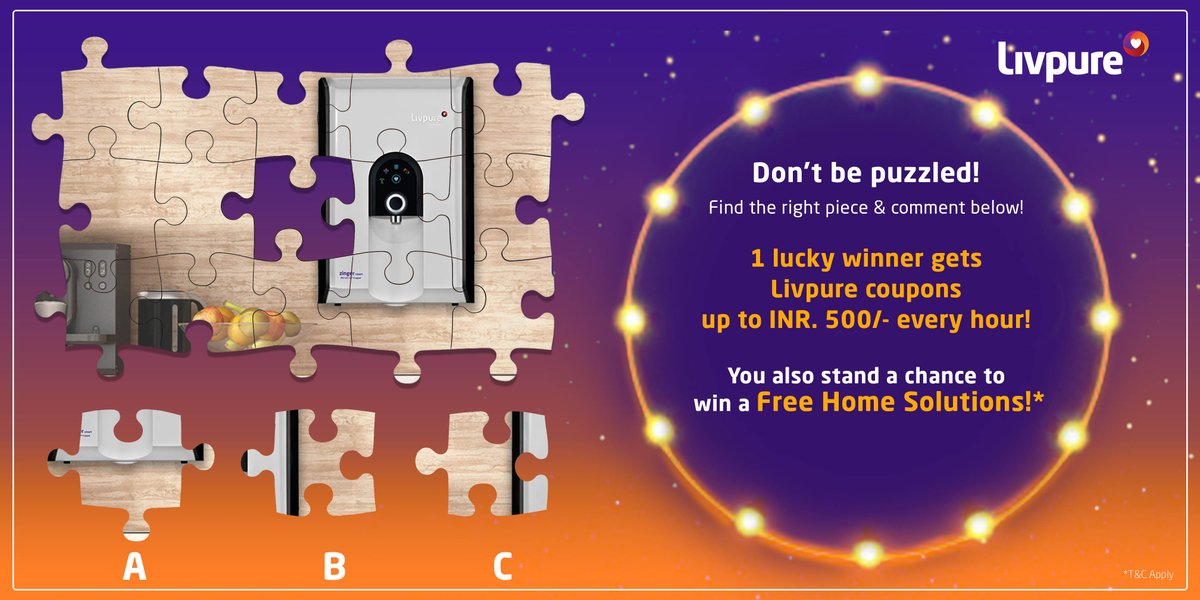 #ContestAlert 

Can you find the right piece to complete the puzzle?
Comment your answers and WIN COUPONS up to Rs. 500/-
Participate and stand a chance to win a Home Solution (OrthoX Mattress, Two Cloud Pillows, Bedsheet Set, and a Comforter)!!

#LivpureFestivalSaleContest