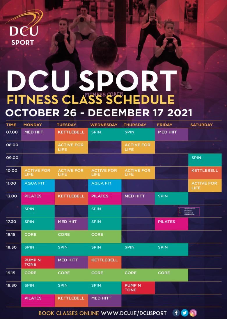 DCUSport's tweet photo. We are delighted to announce our new Group Fitness Schedule starting Tuesday October 26th. 
Over 50 Classes per week, free to all our members 🏋🏼‍♀️🧘🏽‍♀️🚴

All classes will be held indoor in one of our updated studios. 
Please check out or website &amp; our Instagram page for more details https://t.co/ofk0zU5bFF