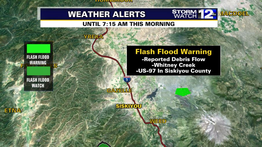 A FLASH FLOOD WARNING has been issued for US-97 in Siskiyou County near Whitney Creek. Local law enforcement have reported a debris flow and flooding on the roadway. Proceed with extreme caution in this area.