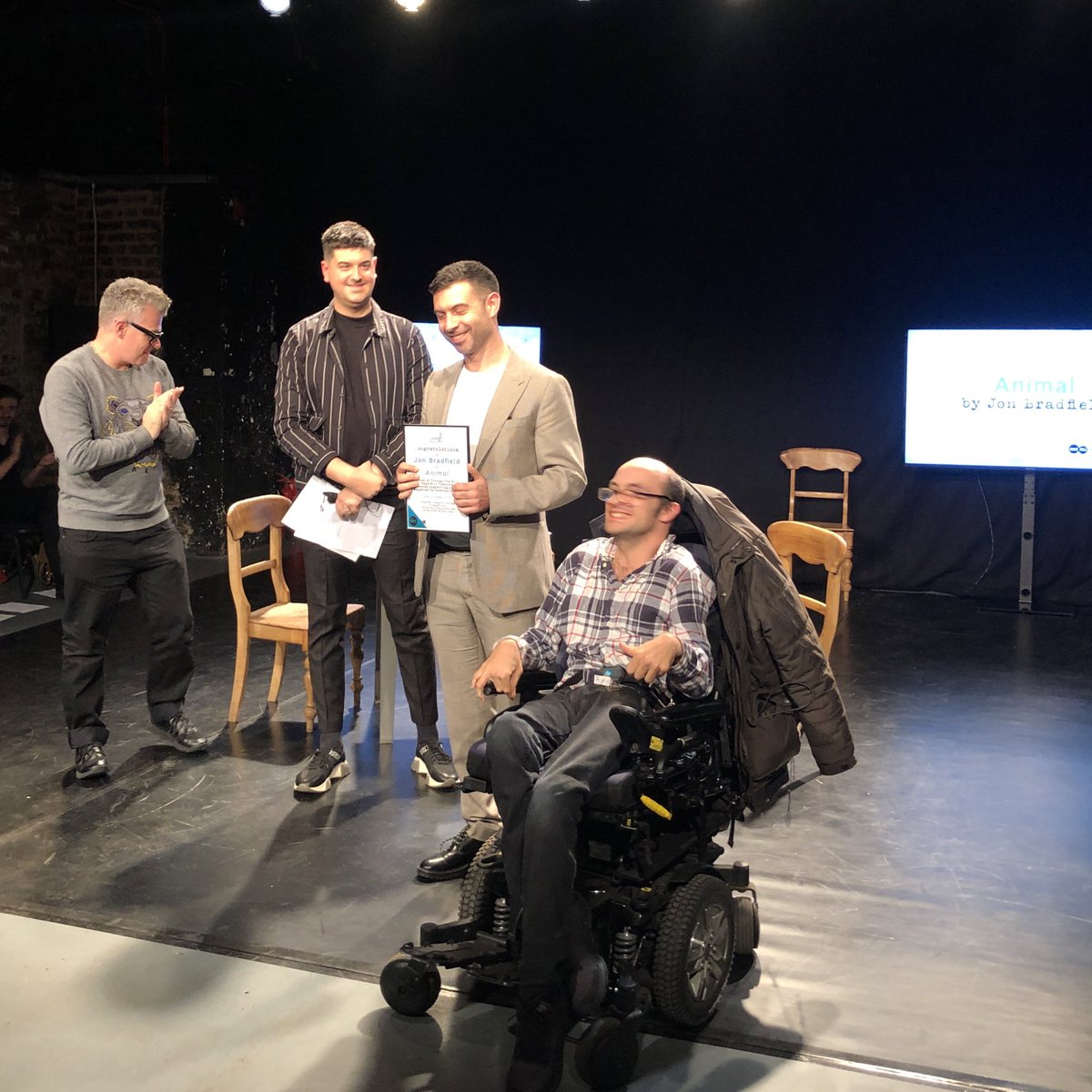 JonBradfield's tweet photo. ๐๐ Last night I was beyond thrilled to win the inaugural #ThroughTheMill playwriting prize for Animal, a play about a young man who canโt wank, which I developed with @JoshuaHepple. The play will be produced next year at Manchesterโs brilliant @hopemilltheatr1! ๐พ๐ฅ https://t.co/MxSQWd65aE