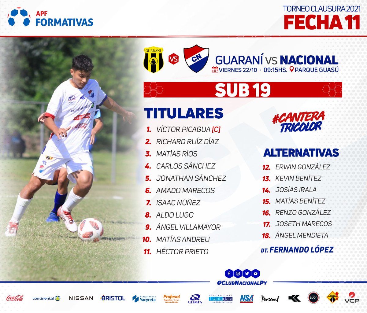 #CanteraTricolor🔴⚪🔵
#catSub19 ⚽️🙋🏻‍♂️

 🗓 Fecha 11

¡YA SE JUEGA!

Guaraní 🆚️  #NACIONAL 

#VamosNacional #LaAcademia💪🏻