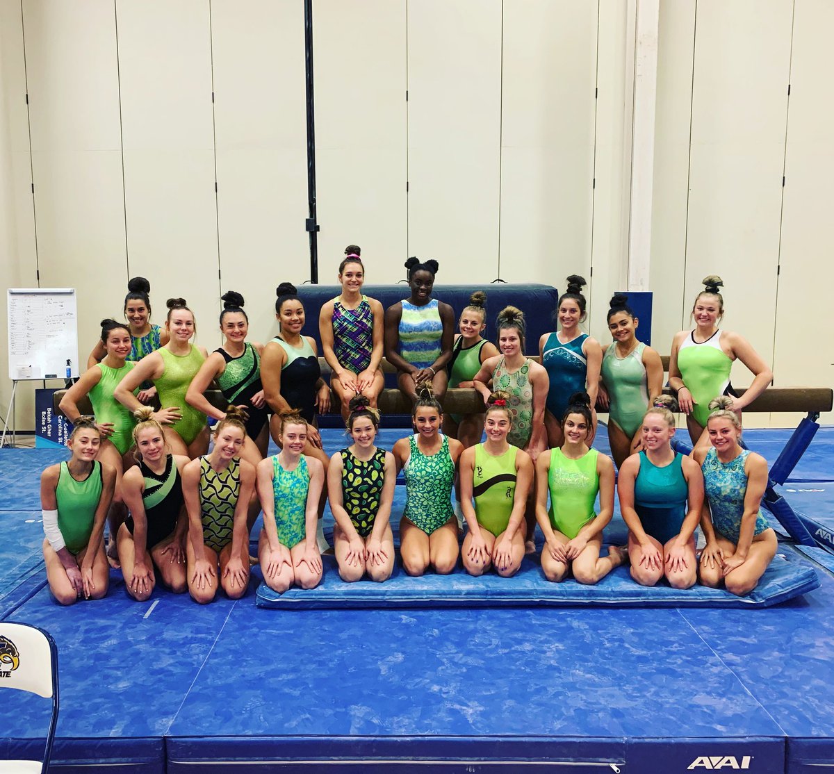 We’re wearing green today, to help raise awareness and join with the Mid-American Conference for Mental Health Awareness week! #mentalhealth #itsokaynottobeokay #mentalhealthawareness #ncaagym #Gymnastics #Goflashes #boltsup