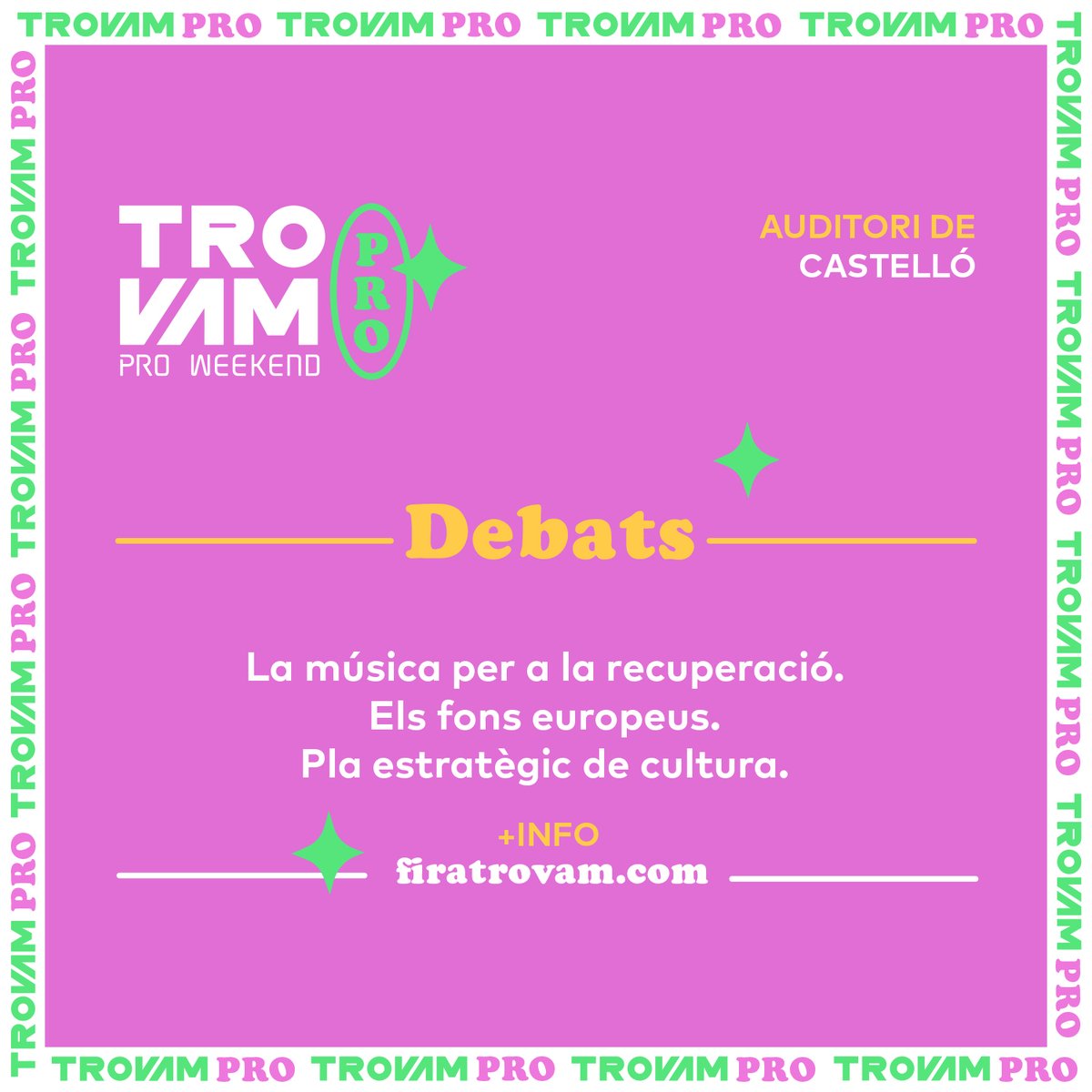 GVAcultura's tweet photo. 🎧 El #TrovamProWeekend reuneix els professionals de la nostra indústria musical en debats, tallers pràctics i més activitats.
🎵 Una oportunitat per a conéixer l'estat del sector i descobrir noves iniciatives després de la pandèmia.
ℹ️ Inscripcions: https://t.co/HixSRcj1tT https://t.co/6ceEya0aZK
