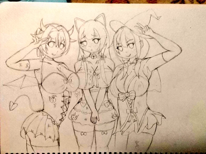 次はハロウィンっぽいイラストを描きたいのラフ( ^ω^ ) 