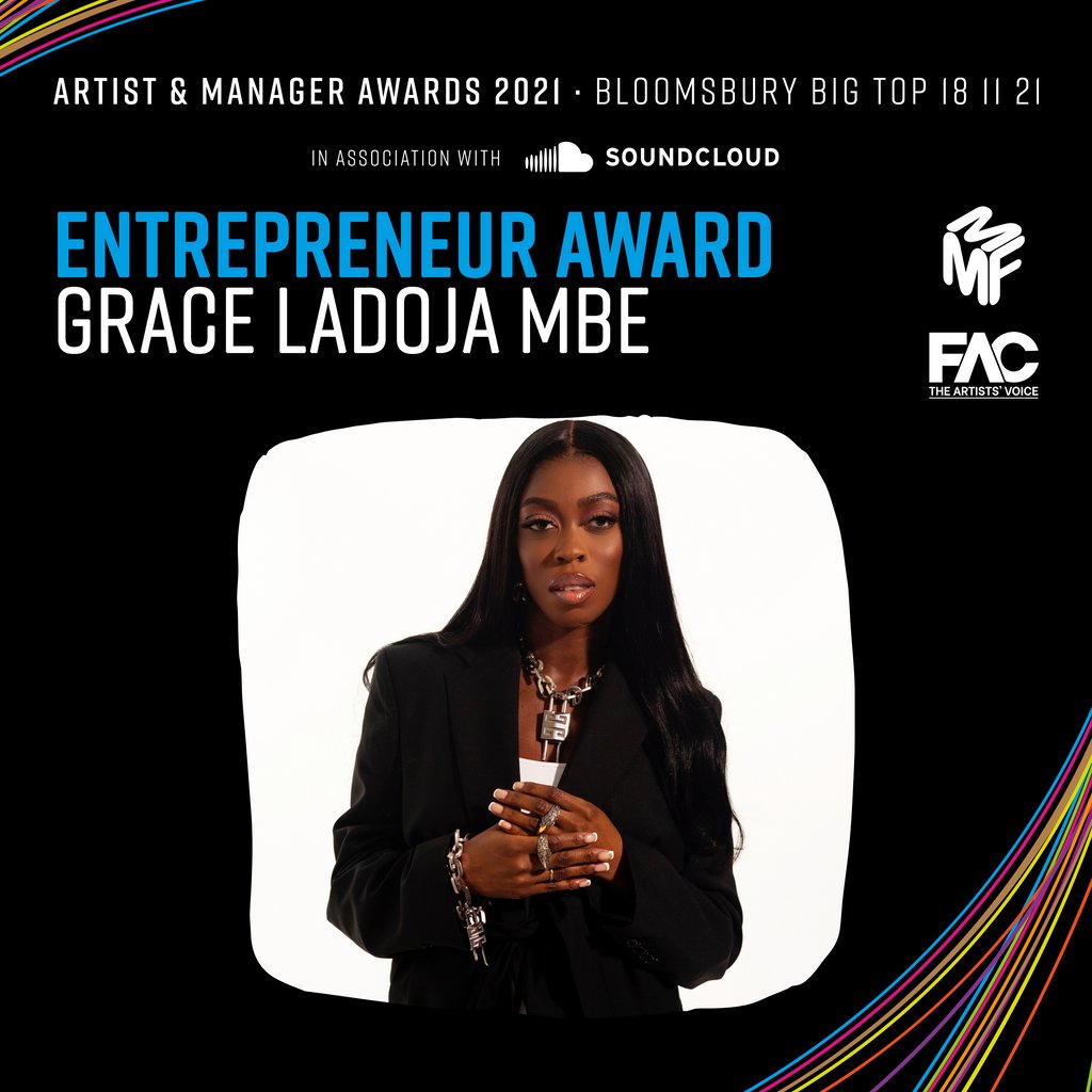 MMFUK's tweet photo. The MMF and @featuredartists are also delighted to announce that @GraceLadoja MBE, co-manager of Skepta and Sarz, and co-founder of @Metallic_Inc, is the winner of our Entrepreneur Award at the @AM_Awards, in association with @soundcloud. https://t.co/s3ipV8ZwOq