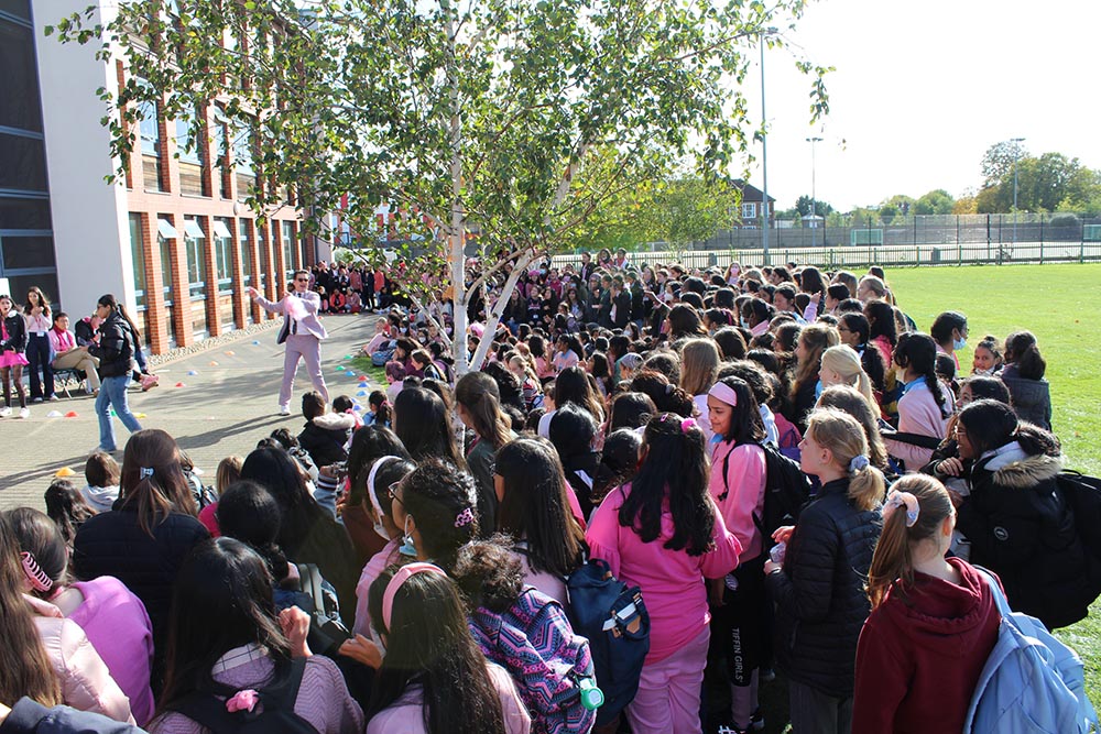 Fantastic 'fun'-raising from our Y11 pink ladies in aid of #BreastCancerAwareness Pink Day