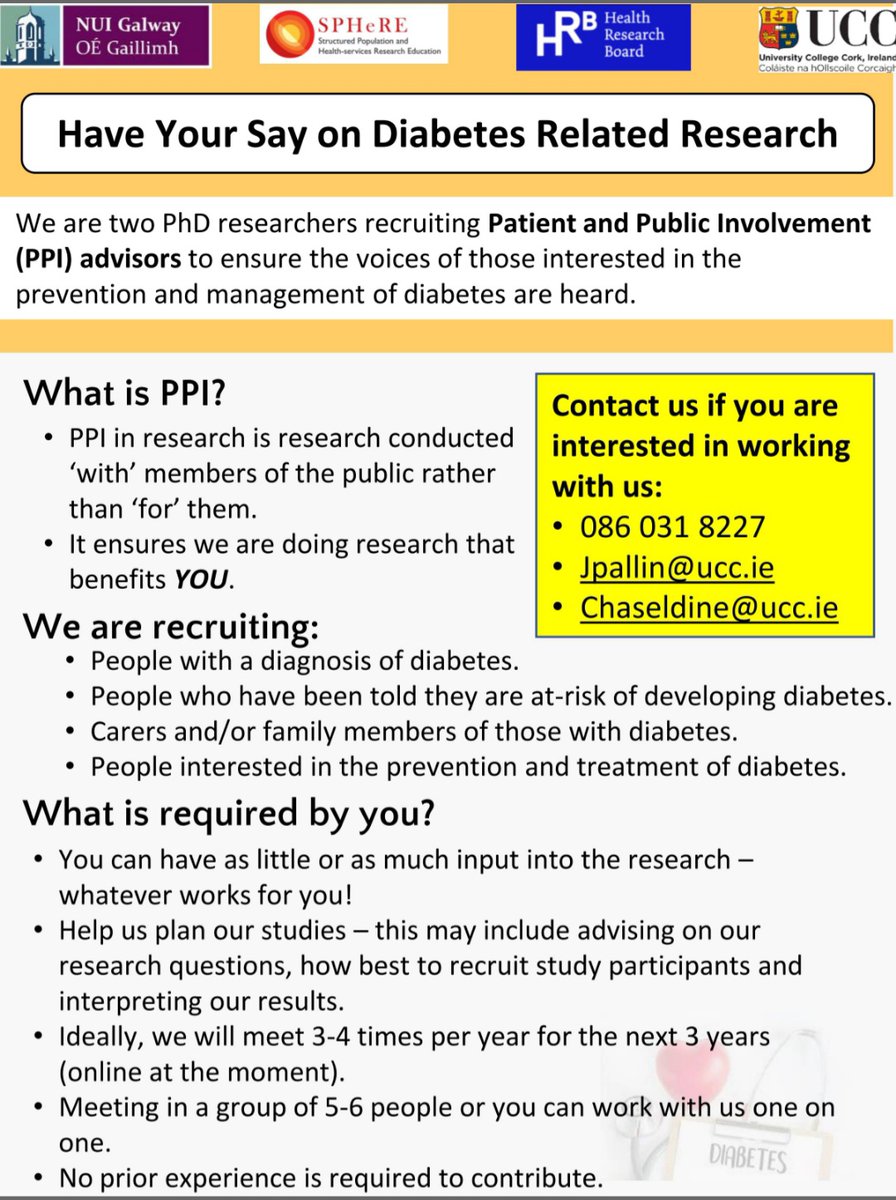 PallinJennifer's tweet photo. 📣📣 Interested in #diabetesprevention or #diabetesmanagement? Want to shape diabetes related research?We would love to hear from you!! Come join our #PPI advisory panel! More info on the flyer belowv👇 @ClairHaseldine @Diabetes_ie @BSugrTrampoline @CorkKerryCH @PPI_Ignite_UCC https://t.co/oDQwaiV2J9