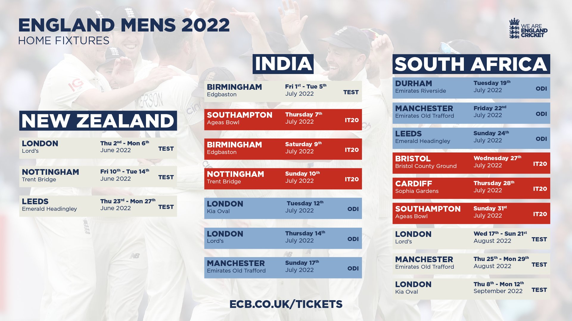 England Cricket on Twitter "Confirmation of our revised England Men's