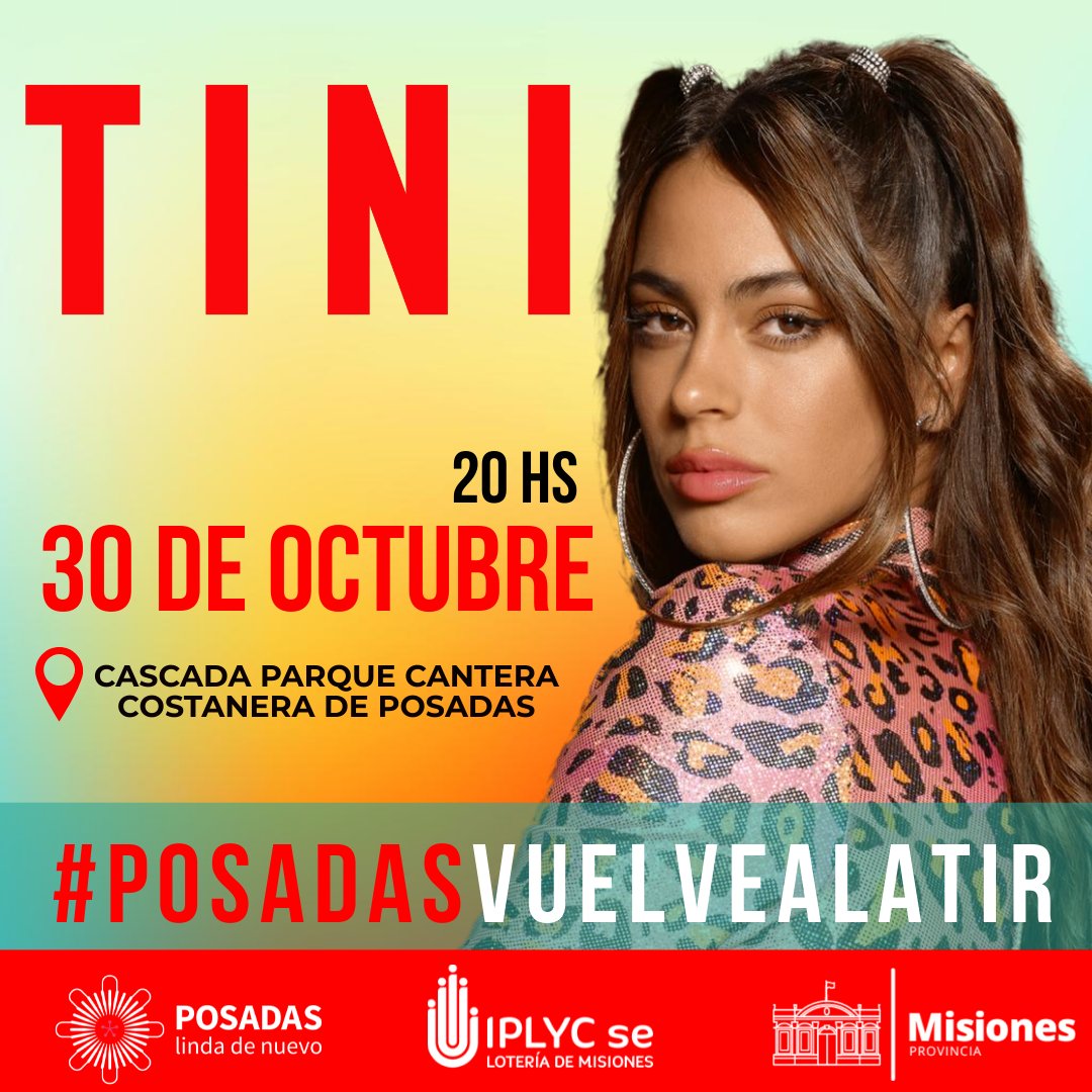 ✨🌙 #TINI EN POSADAS  💕🌸
¡Preparate para vivir un SHOW ÚNICO! 
El sábado 30 de octubre a las 20 hs 
en la Cascada Parque Cantera, Costanera de #Posadas
#posadasvuelvealatir #tinienposadas
.
Entrada libre y gratuita
@MuniPosadas <a href="/gobmisiones/">Gobierno de Misiones</a>  
<a href="/TiniStoessel/">tini</a>  <a href="/iplyc/">IPLyC Misiones</a>