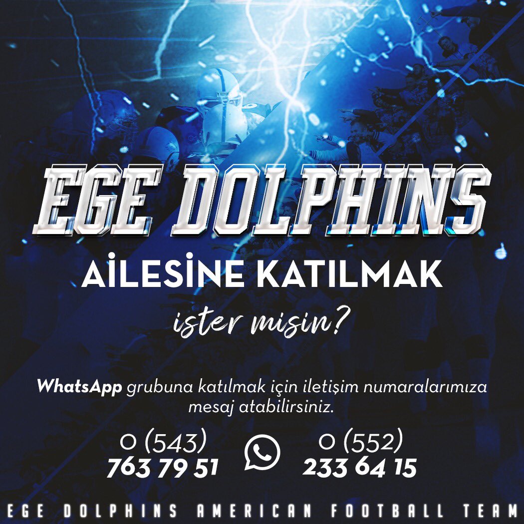 EgeDolphins's tweet photo. Ege Dolphins Amerikan Futbol Takımı'na katılmak isteyen yeni arkadaşlarımız; WhatsApp üzerinden, 0 (543) 763 79 51 veya 0 (552) 233 64 15 no'lu iletişim numaralarımıza mesaj atarak "Ege Dolphins 2021-2022" WhatsApp grubunun bağlantı linkini istemelidir. 🐬🙋🏻‍♂️🏈 https://t.co/SgEiHEAruX