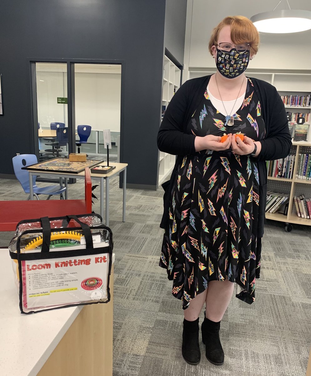 LibraryWmhs's tweet photo. So excited our Ss are checking out our Creater Kits!! One of our talented Dragons just returned the loom knitting kit - she used it to make yarn knitted pumpkins!! Our Dragons are so creative!! #librarylife #library #highschoollibrary #highschoollibrarian #creatorkits https://t.co/AcFgTHSwMF
