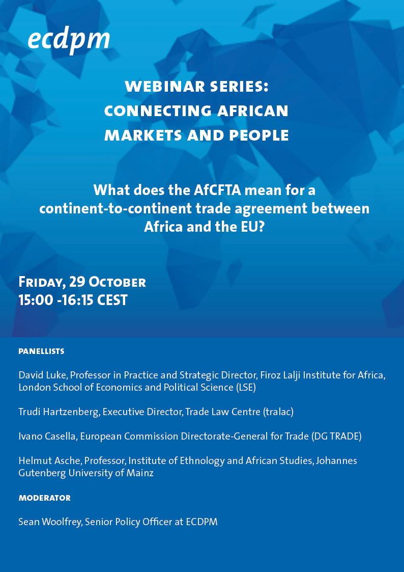 ECDPM's tweet photo. Join us next Friday 🗓

The 2nd webinar in our series about Connecting African markets and people under the #AfCFTA is already next week!

With speakers from @LSEnews @TradeLawCentre @Trade_EU and @uni_mainz_eng

Moderated by @SeanWoolfrey

Register here👉 https://t.co/9GQnUUsIVz https://t.co/zugogEpK7a