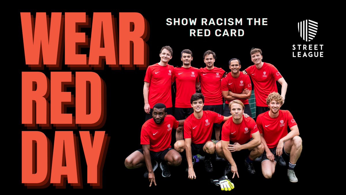 StreetLeagueUK's tweet photo. We're proud to be supporting #WRD21 to show racism the red card 🔴 Our logo will be red all weekend in solidarity ✊

Lives should not be ruined by racism. No excuses.

Find out more and donate now at: https://t.co/VfSu4pGBcI https://t.co/Vq5UPrDFwr