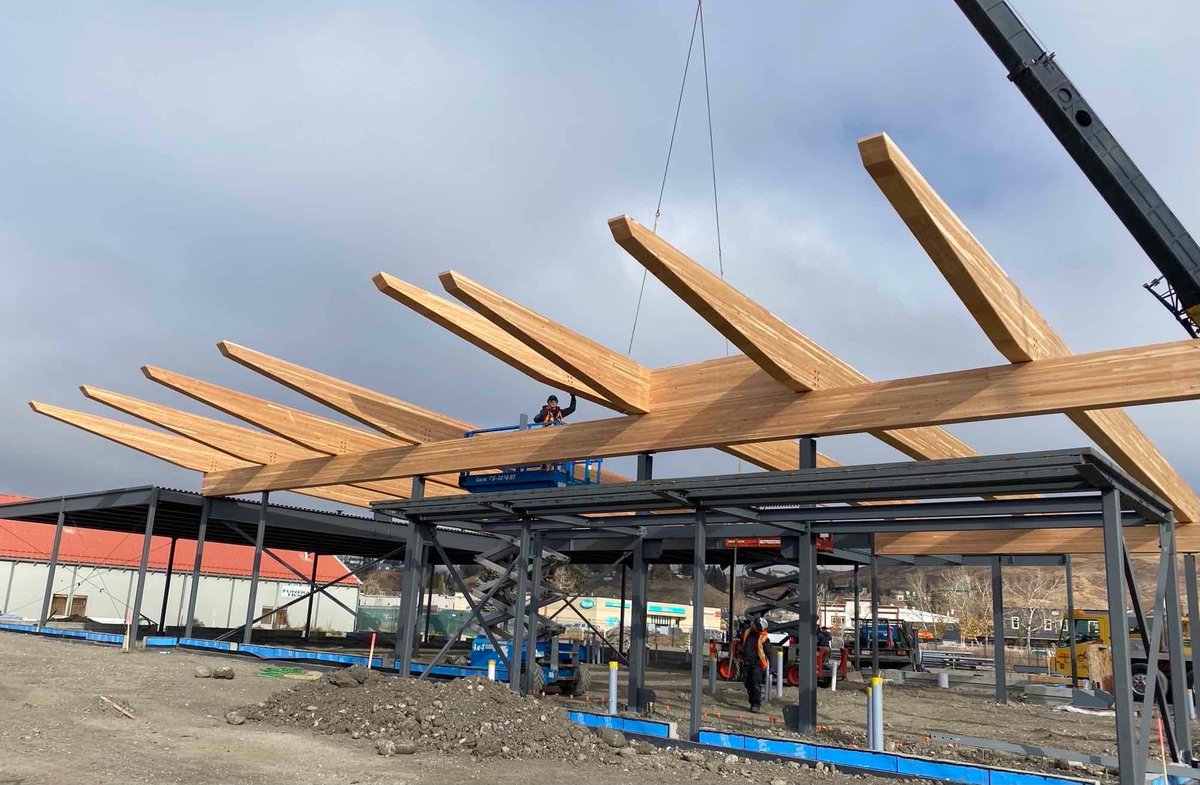 This @gecarchitecture and @rjc engineering design features #glulaminated beams as part of the roof structure. We needed some help from our most respected friends from Schuler Timberworks Inc. to get this installed on time for @CANAyyc and @WesternArchrib. Thanks David and crew!