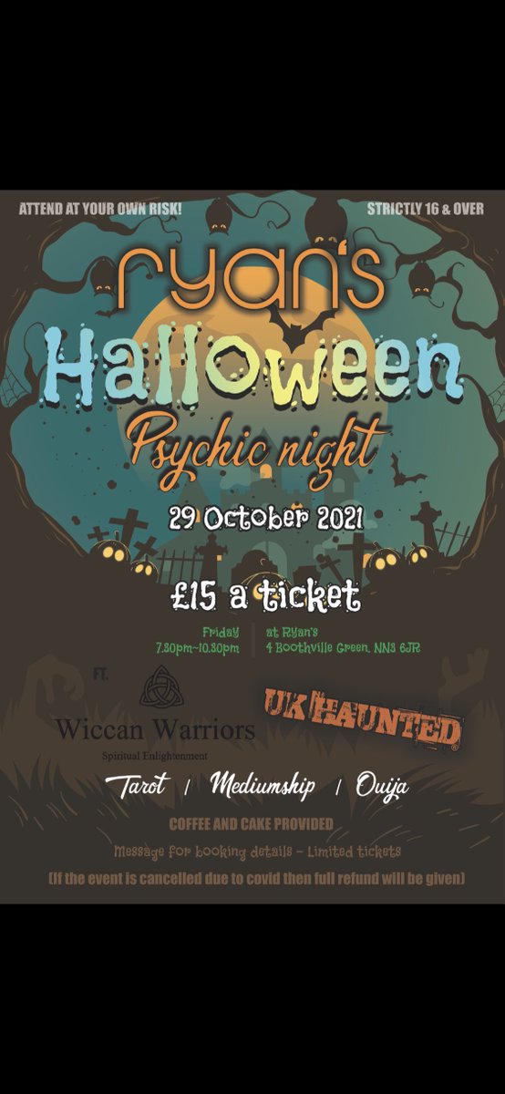 Join us for something spooky this Halloween weekend at Ryan’s 🎃

Ft. The Wiccan Warriors @WiccanWarriorUK @nickstoppani <a href="/ukhaunted/">UK HAUNTED</a>  

£15pp Includes coffee and cake and 👻

Strictly over 16’s event and no alcohol is permitted 

Attend at your own risk