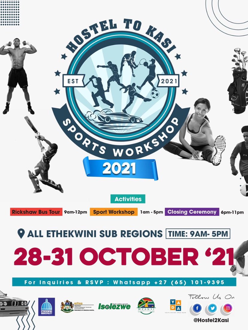 Hostel2kasi's tweet photo. We’ll be kicking-off the workshop in a bang as The City of eThekwini is inviting its finest to come through and enjoy the spoils of the sports and musical events taking place in the North, South, Central and Western parts of Durban. https://t.co/bdyAUaYXqS